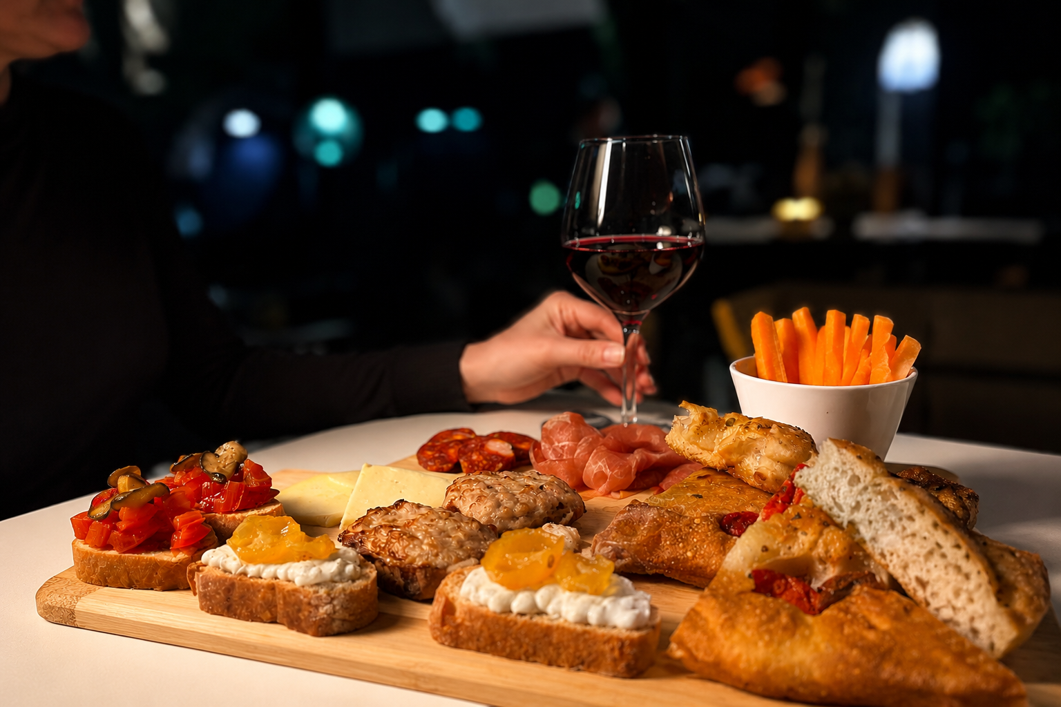 Tagliere di aperitivo con bruschette, salumi e un calice di vino rosso